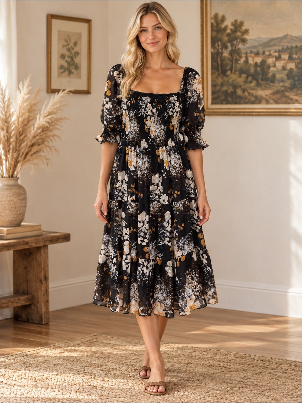 Baltic Born Black Floral Square-Neck Midi Dress with Gold Accents